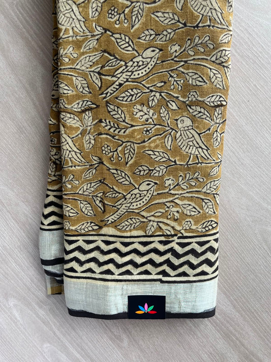 Dark Beige Handblock Printed Linen Cotton Saree - 33516-33517