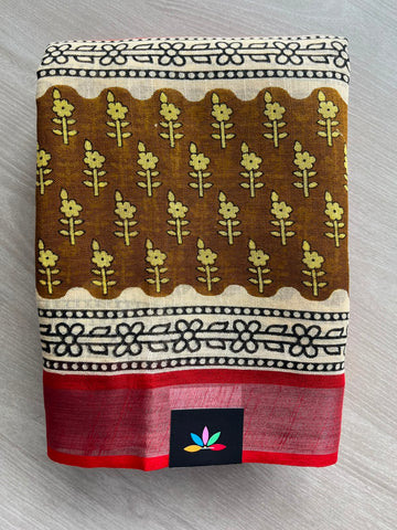 Handblock Printed Linen Cotton Saree - 33518-33519