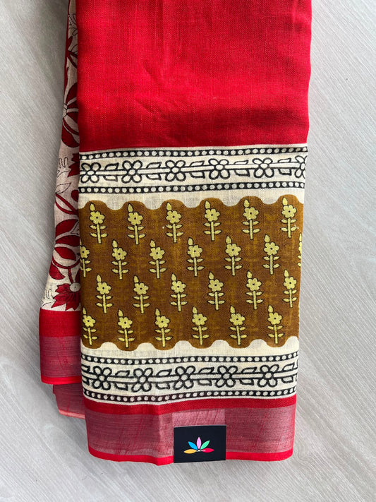 Cherry Red Handblock Printed Linen Cotton Saree - 33518-33519