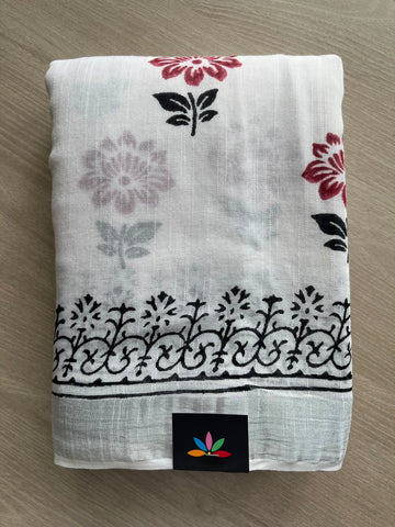 Handblock Printed Linen Cotton Saree - 33520-33521