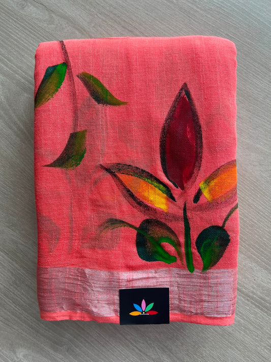 Light Carmine Pink Handblock Printed Linen Cotton Saree - 33522-33523