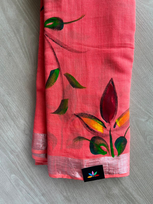 Light Carmine Pink Handblock Printed Linen Cotton Saree - 33522-33523