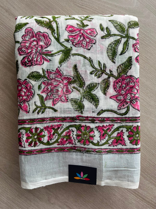 White Handblock Printed Linen Cotton Saree - 33524-33525