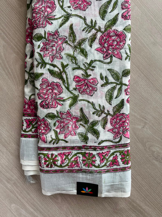 White Handblock Printed Linen Cotton Saree - 33524-33525