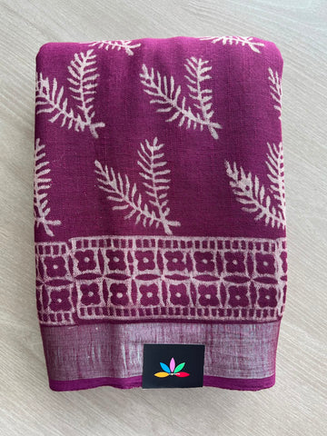 Handblock Printed Linen Cotton Saree - 33526-33527