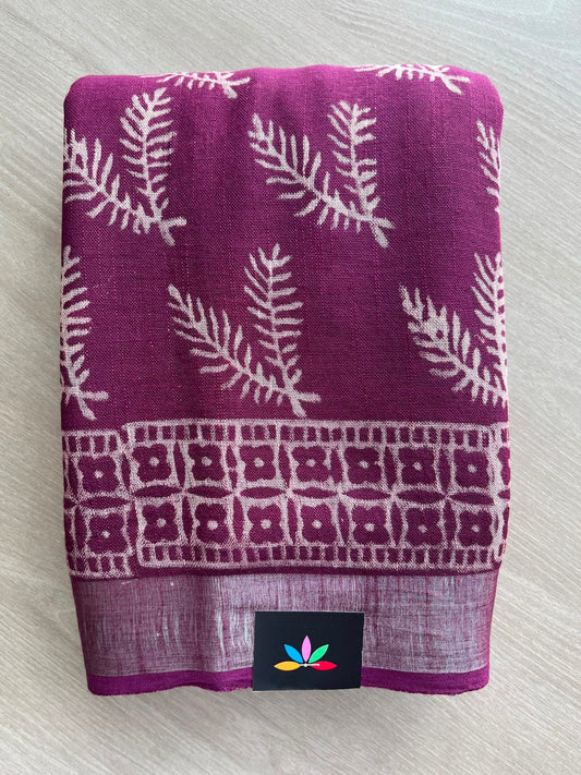 Grape Purple Handblock Printed Linen Cotton Saree - 33526-33527