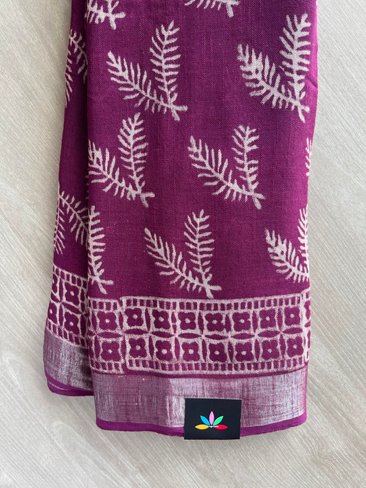 Grape Purple Handblock Printed Linen Cotton Saree - 33526-33527