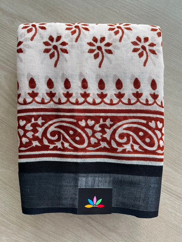 Handblock Printed Linen Cotton Saree - 33528-33529