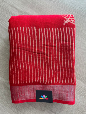 Handblock Printed Linen Cotton Saree - 33530-33531