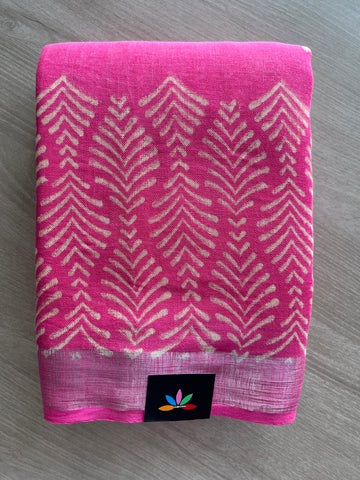Handblock Printed Linen Cotton Saree - 33532-33533