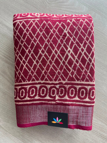 Handblock Printed Linen Cotton Saree - 33534-33535