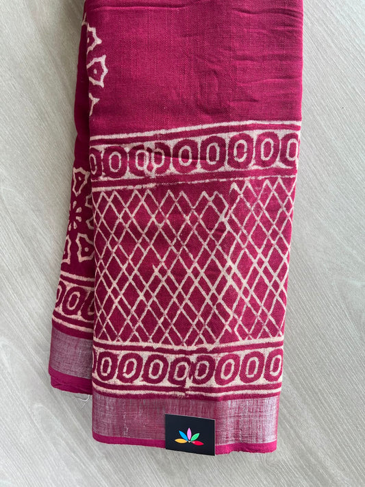 Claret Shade Handblock Printed Linen Cotton Saree - 33534-33535