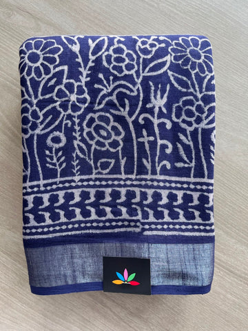 Handblock Printed Linen Cotton Saree - 33536-33537