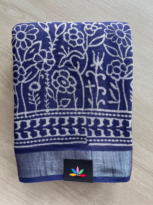 Midnight Blue Handblock Printed Linen Cotton Saree - 33536-33537