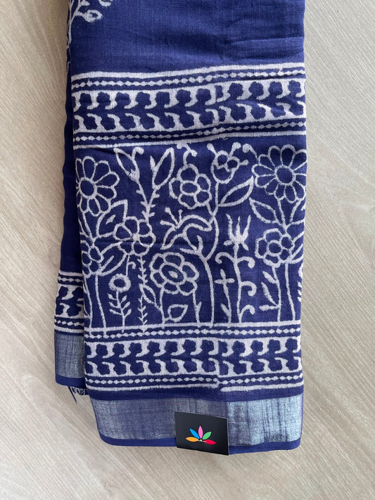 Midnight Blue Handblock Printed Linen Cotton Saree - 33536-33537
