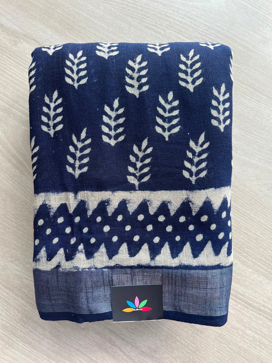Dark Navy Handblock Printed Linen Cotton Saree - 33538-33539