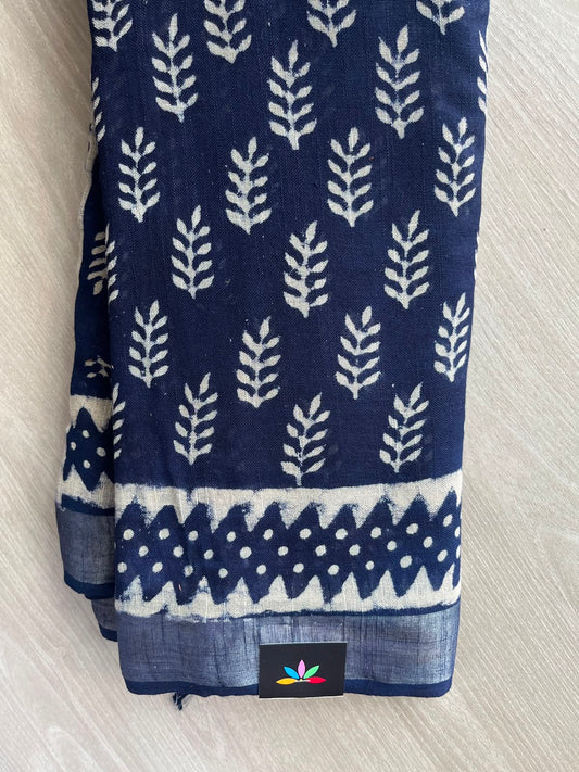 Dark Navy Handblock Printed Linen Cotton Saree - 33538-33539
