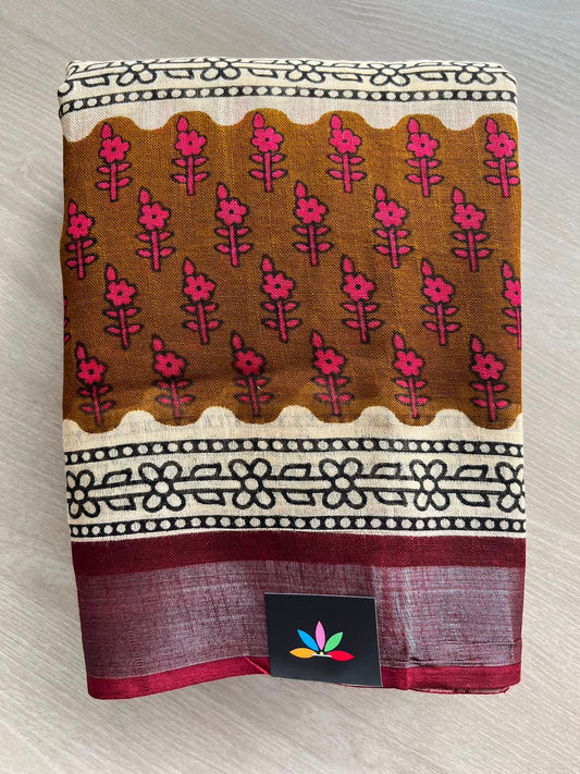 Maroon Handblock Printed Linen Cotton Saree - 33540-33541
