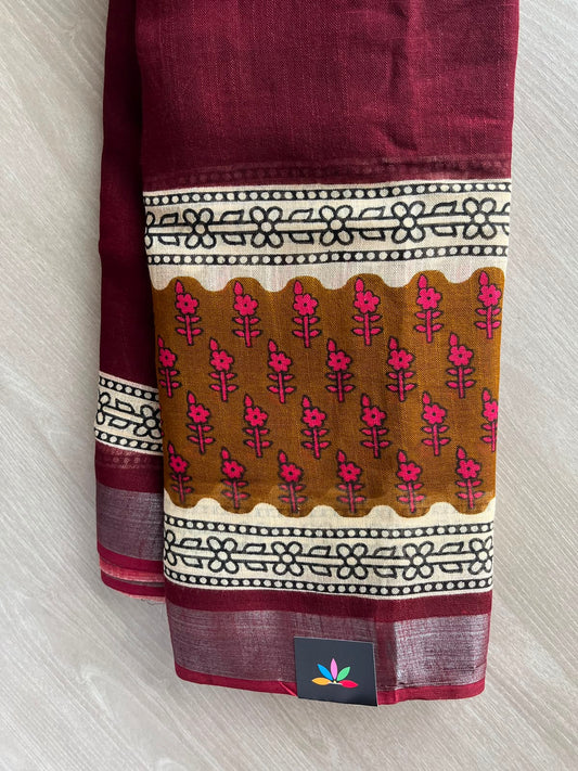 Maroon Handblock Printed Linen Cotton Saree - 33540-33541