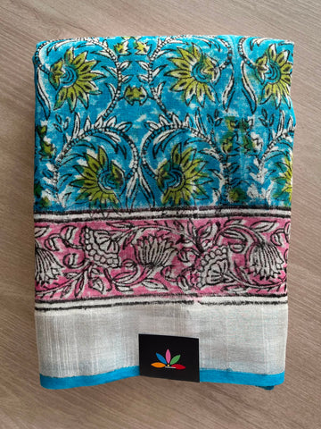 Handblock Printed Linen Cotton Saree - 33542-33543