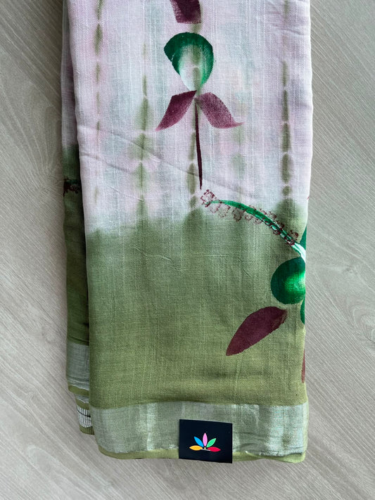 Handblock Printed Linen Cotton Saree - 33544-33545