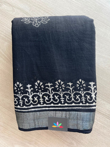Handblock Printed Linen Cotton Saree - 33546