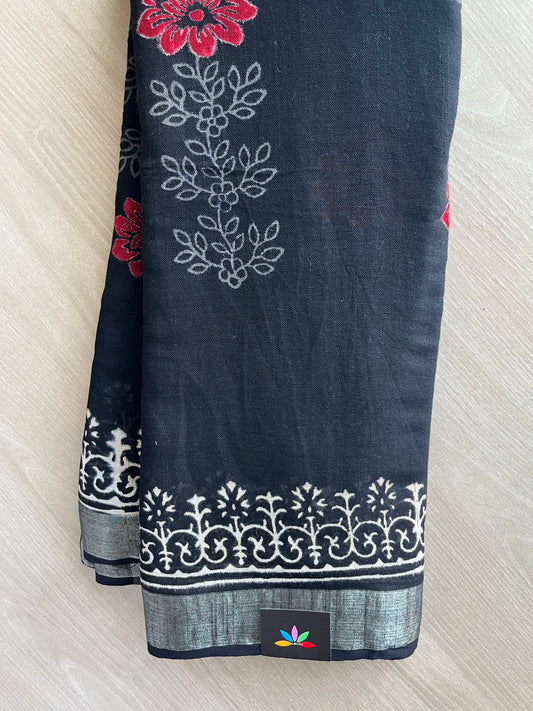 Black Handblock Printed Linen Cotton Saree - 33546