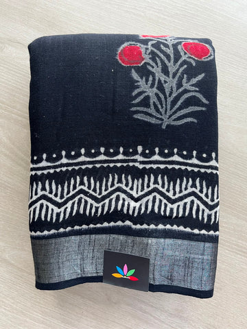 Handblock Printed Linen Cotton Saree - 33547