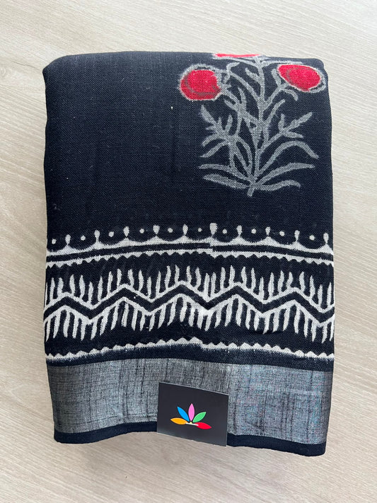 Black Handblock Printed Linen Cotton Saree - 33547