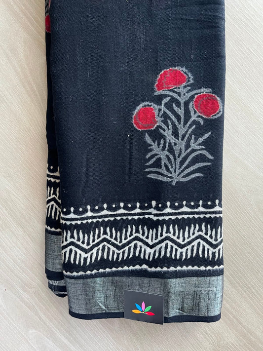 Black Handblock Printed Linen Cotton Saree - 33547