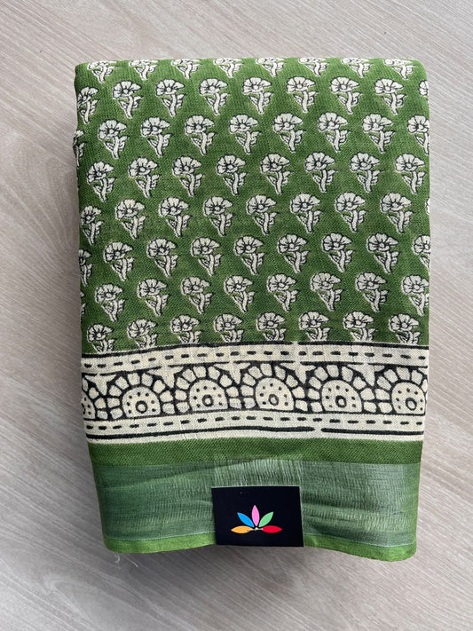 Leaf Green Handblock Printed Linen Cotton Saree - 36039
