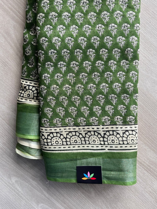 Leaf Green Handblock Printed Linen Cotton Saree - 36039