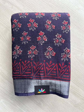 Handblock Printed Linen Cotton Saree - 36041