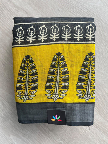 Handblock Printed Linen Cotton Saree - 36042