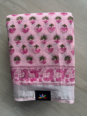 Handblock Printed Linen Cotton Saree - 36043