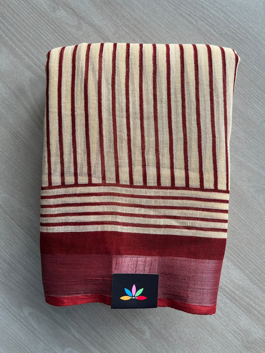 Almond Beige Handblock Printed Linen Cotton Saree - 36044