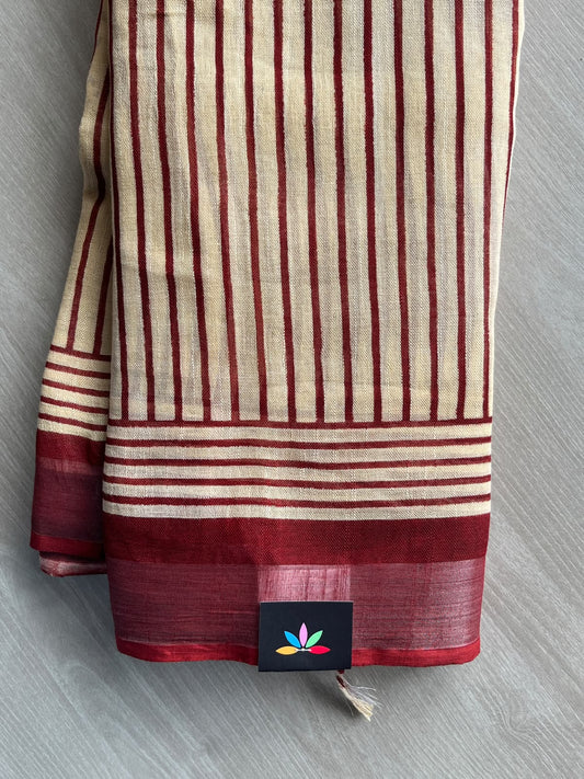 Almond Beige Handblock Printed Linen Cotton Saree - 36044