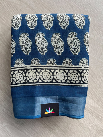 Handblock Printed Linen Cotton Saree - 36045