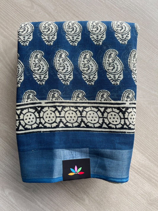 Yale Blue Handblock Printed Linen Cotton Saree - 36045