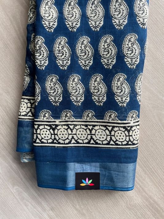 Yale Blue Handblock Printed Linen Cotton Saree - 36045