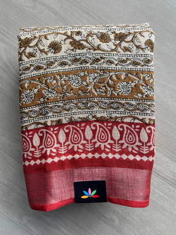 Handblock Printed Linen Cotton Saree - 36048
