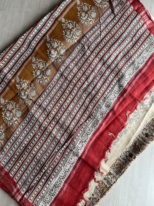 Handblock Printed Linen Cotton Saree - 36048
