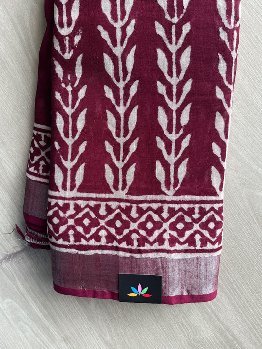 Maroon Handblock Printed Linen Cotton Saree - 36052-36053