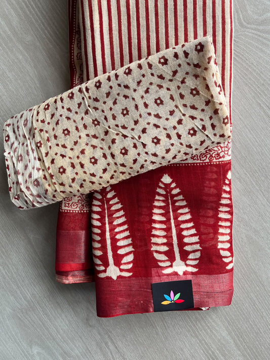 Handblock Printed Linen Cotton Saree - 36054-36055