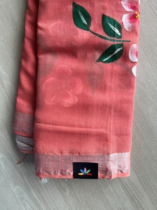 Dusty Red Handblock Printed Linen Cotton Saree - 36056-36057