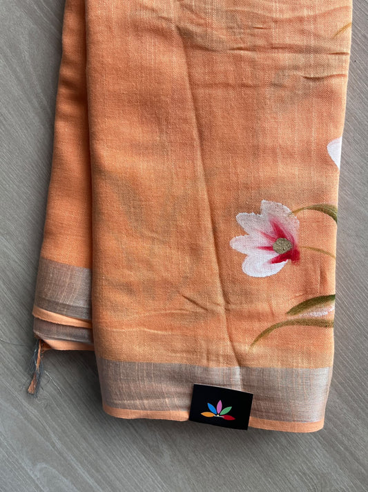 Apricot Orange Handblock Printed Linen Cotton Saree - 36061