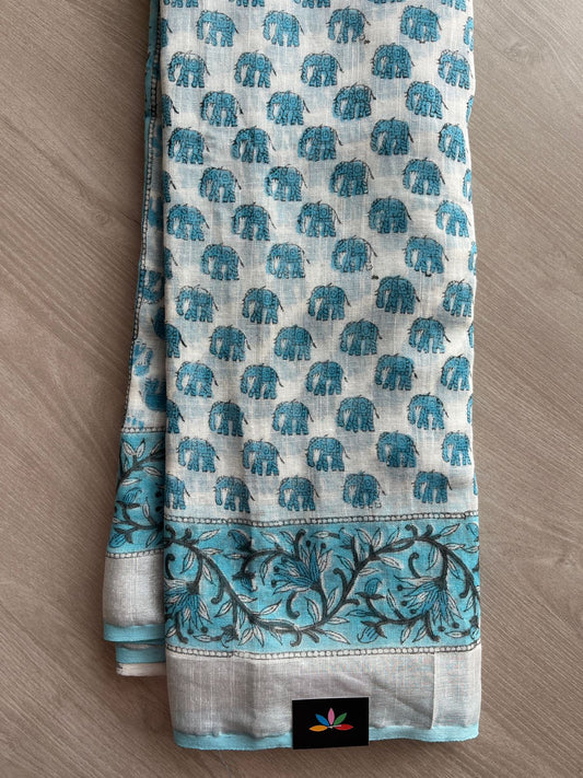 Handblock Printed Linen Cotton Saree - 27183-27184