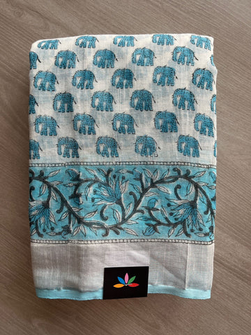 Handblock Printed Linen Cotton Saree - 27183-27184