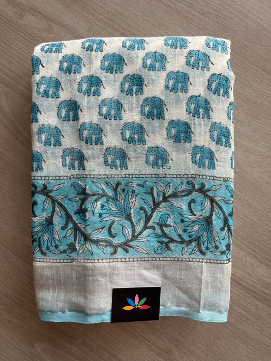 Handblock Printed Linen Cotton Saree - 27183-27184