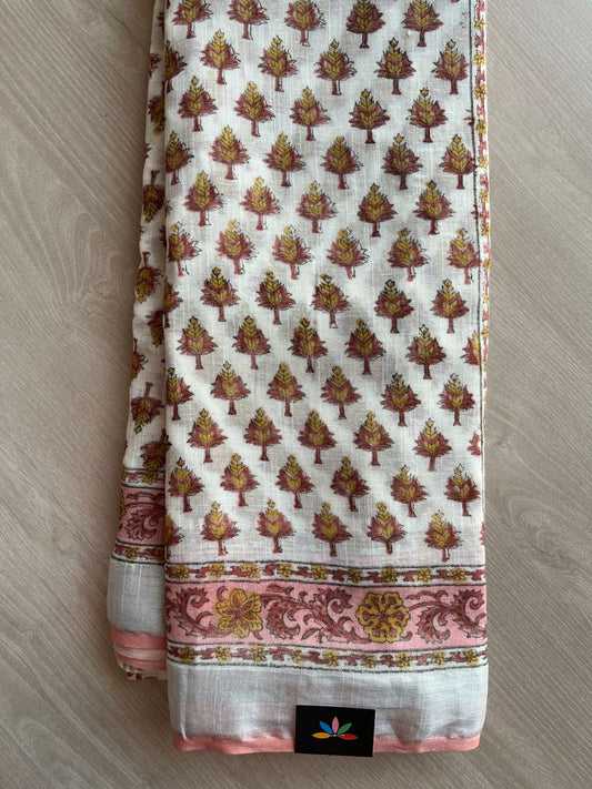 Handblock Printed Linen Cotton Saree - 27185-27186